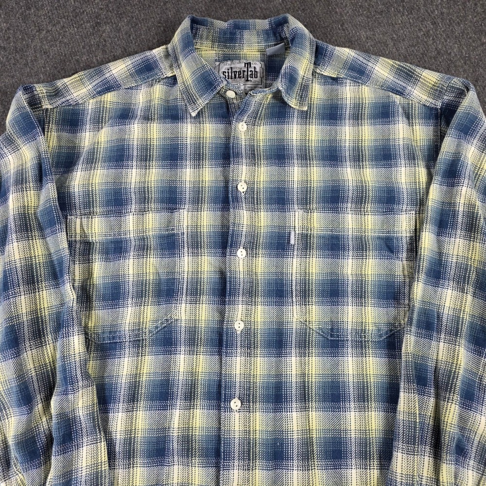Levis SilverTab Flannel Shirt Mens Large Blue Yellow Plaid Vintage 90s